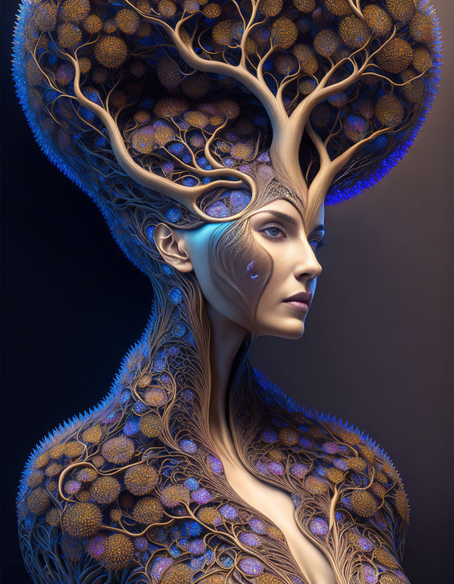 Fantasy portrait of female figure with tree branch-like horns and peacock feather skin on dark background