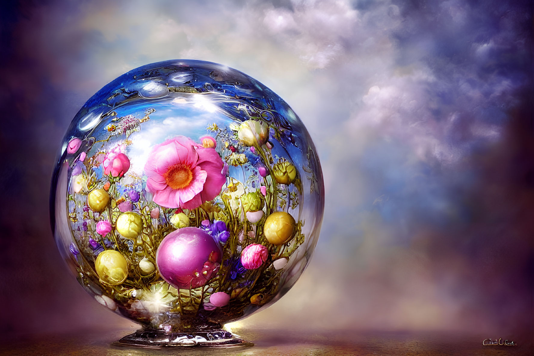 Translucent sphere with vibrant flowers and floating orbs on cloudy backdrop