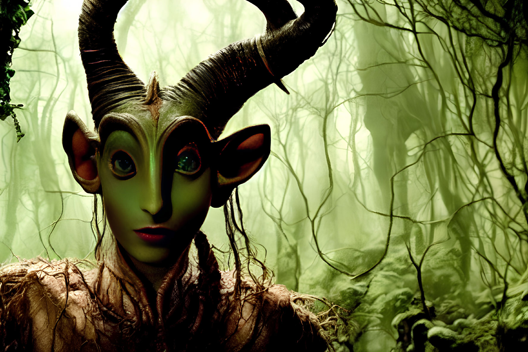 Majestic creature with large horns in misty green forest