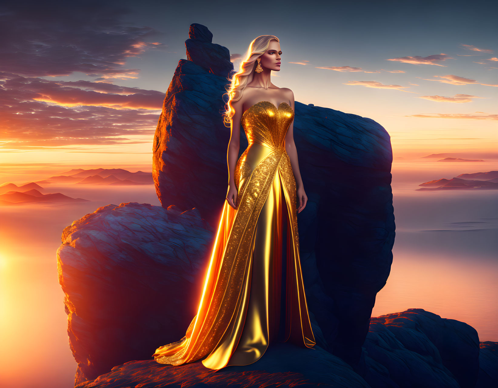 Woman in golden dress on cliff with dramatic sunrise and mountains.