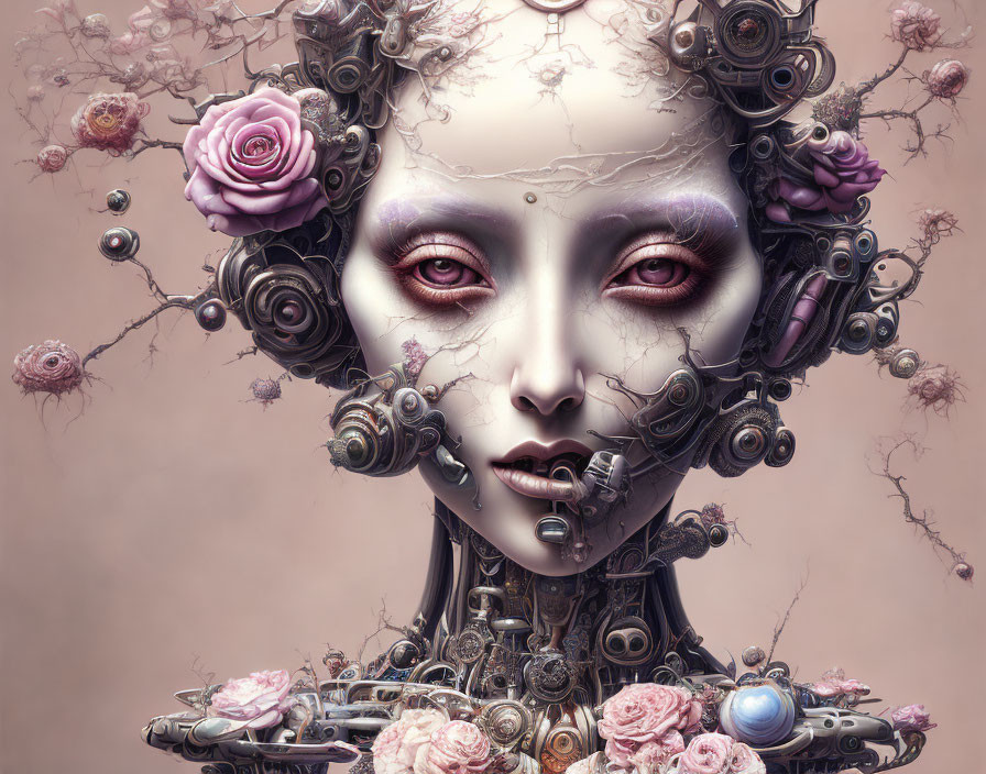 Surreal female android portrait with floral and mechanical elements