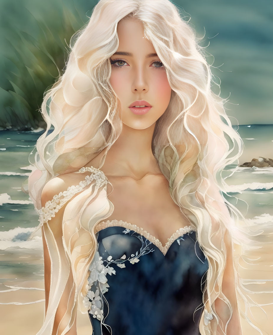 Blonde woman in blue gown on beach backdrop