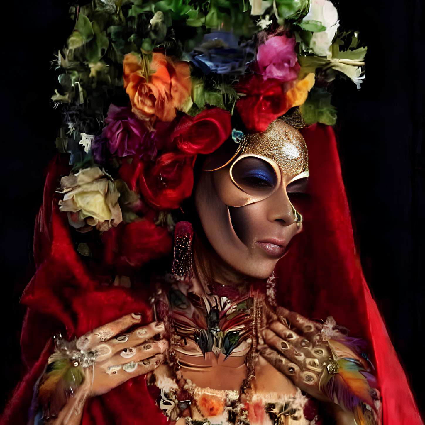 Golden mask and red cloak with flower headdress and jewelry on black background