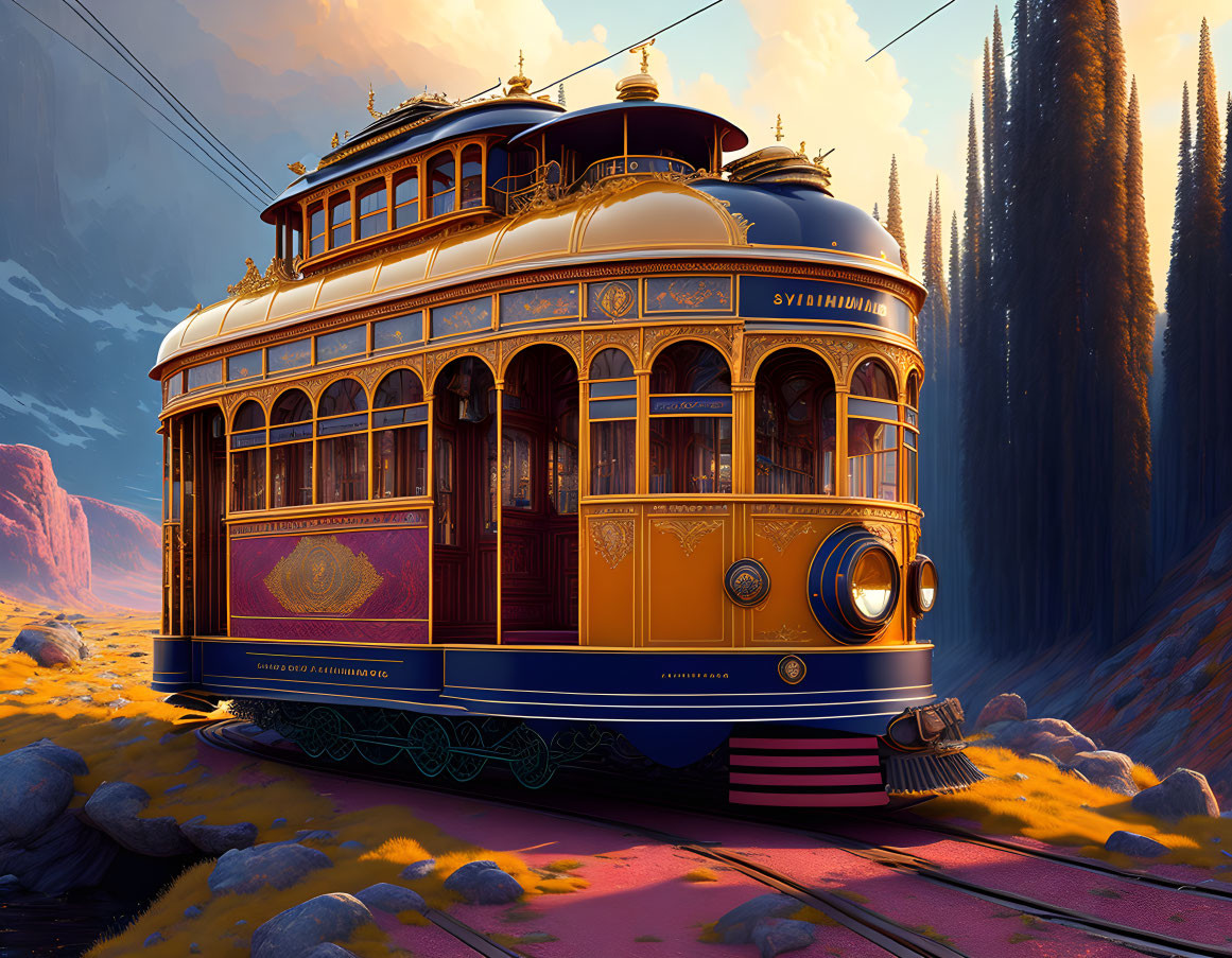 Ornate vintage-style tram in fantastical landscape