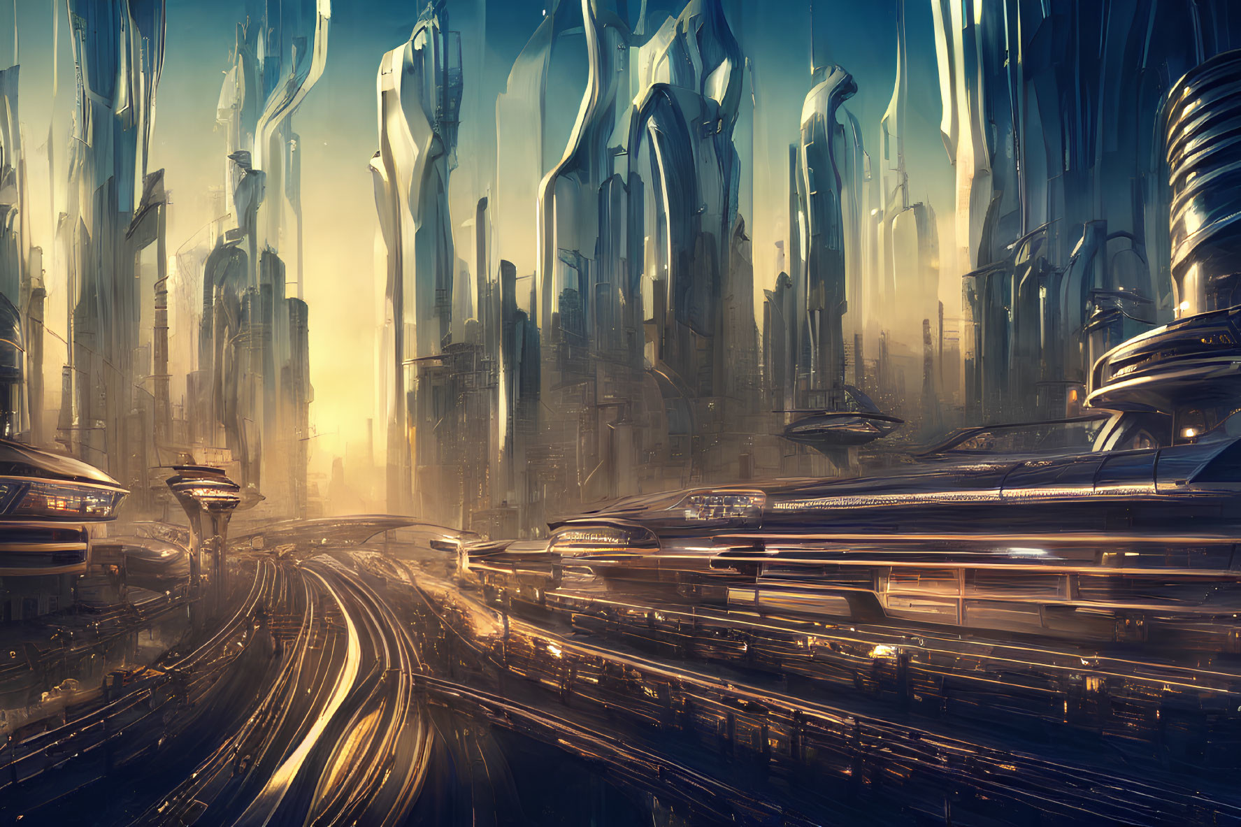 Futuristic cityscape with skyscrapers, flying vehicles, and golden sky