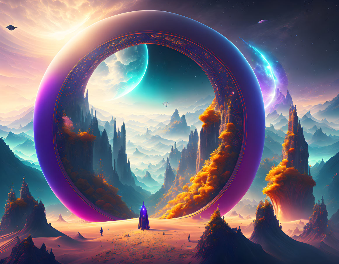 Vibrant surreal landscape with floating islands and ring structure