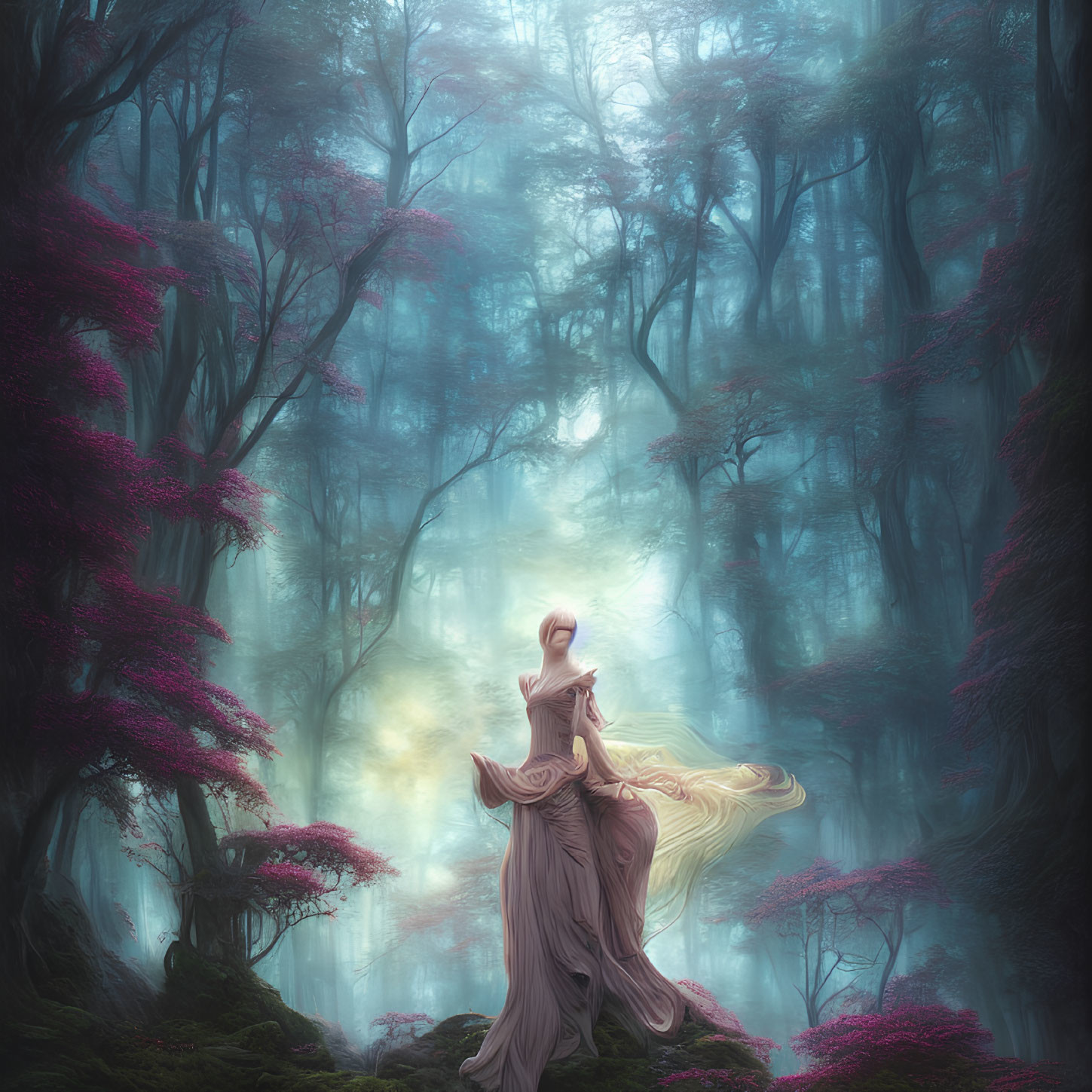 Ethereal woman in flowing robes in mystical forest with purple foliage