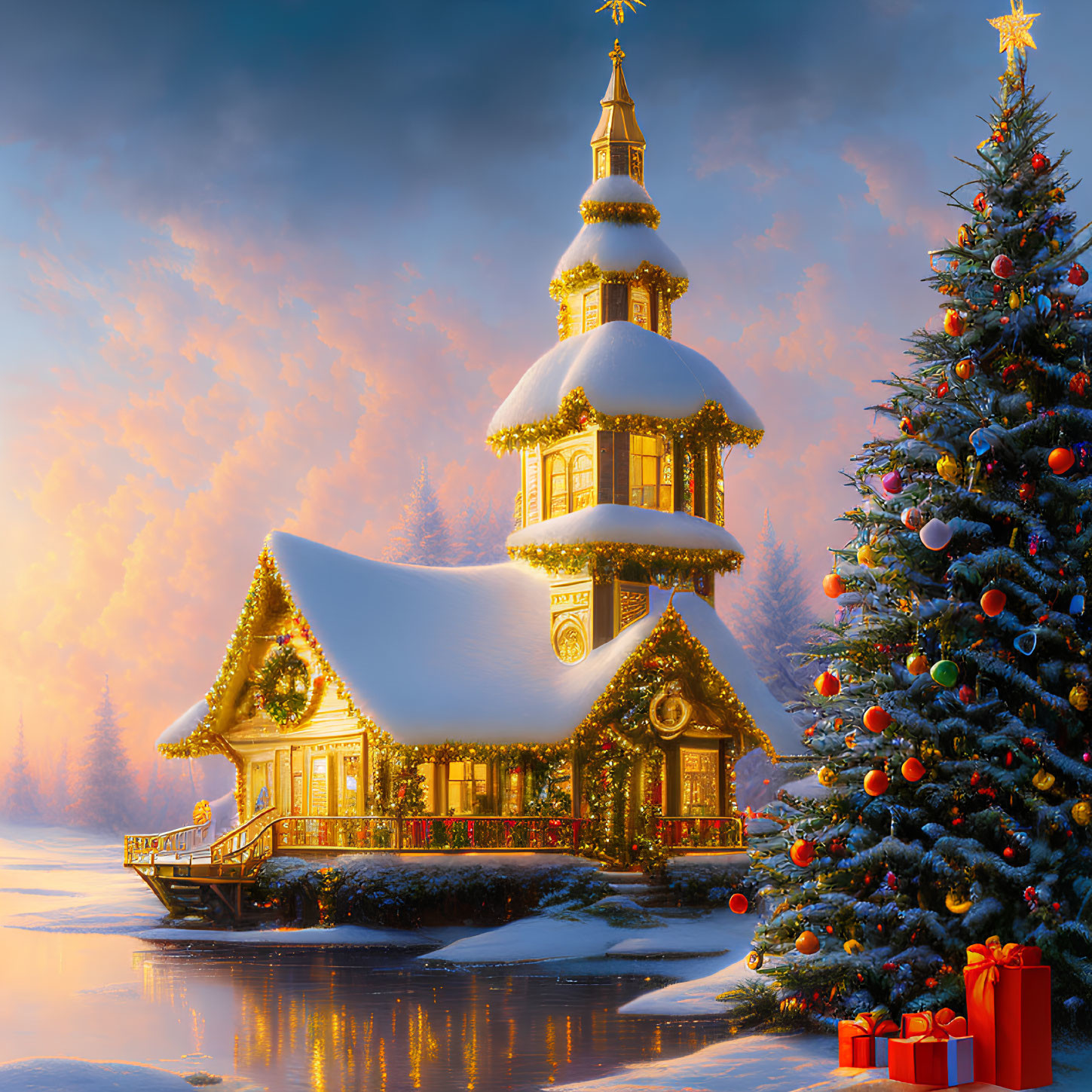 Snow-covered chapel with golden spires and Christmas tree in winter scene