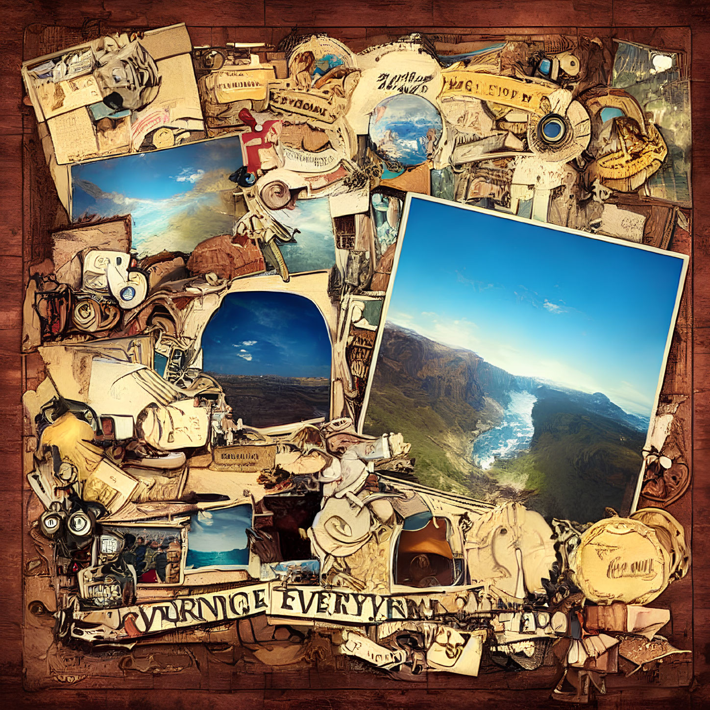 Travel-themed collage on wooden background with landscapes, postcards, and memorabilia