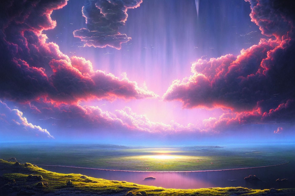 Colorful surreal landscape with luminous sunrise and dynamic clouds over tranquil water.