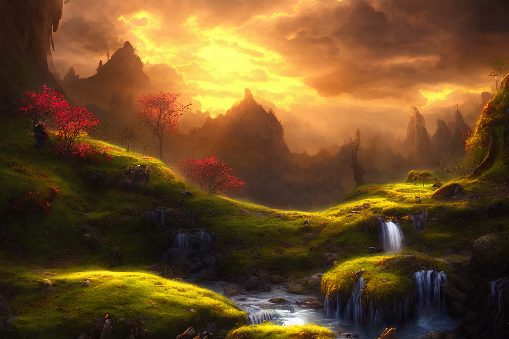 Mystical landscape with red foliage, waterfalls, and glowing sunlight