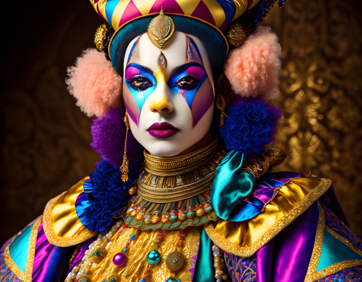 Elaborate Royal Jester Costume Against Gold Background