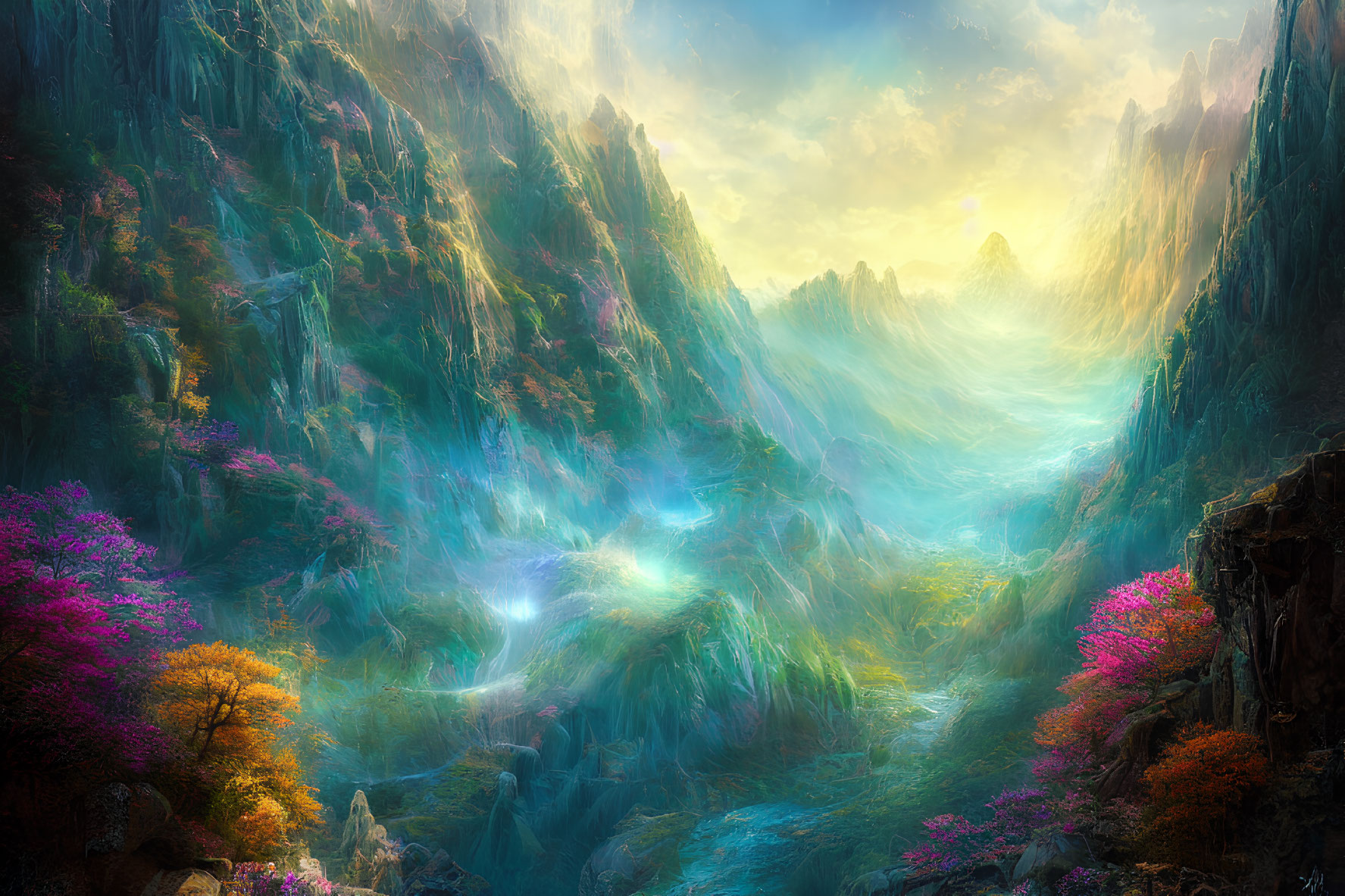 Colorful Fantasy Landscape with River, Foliage, and Cliffs