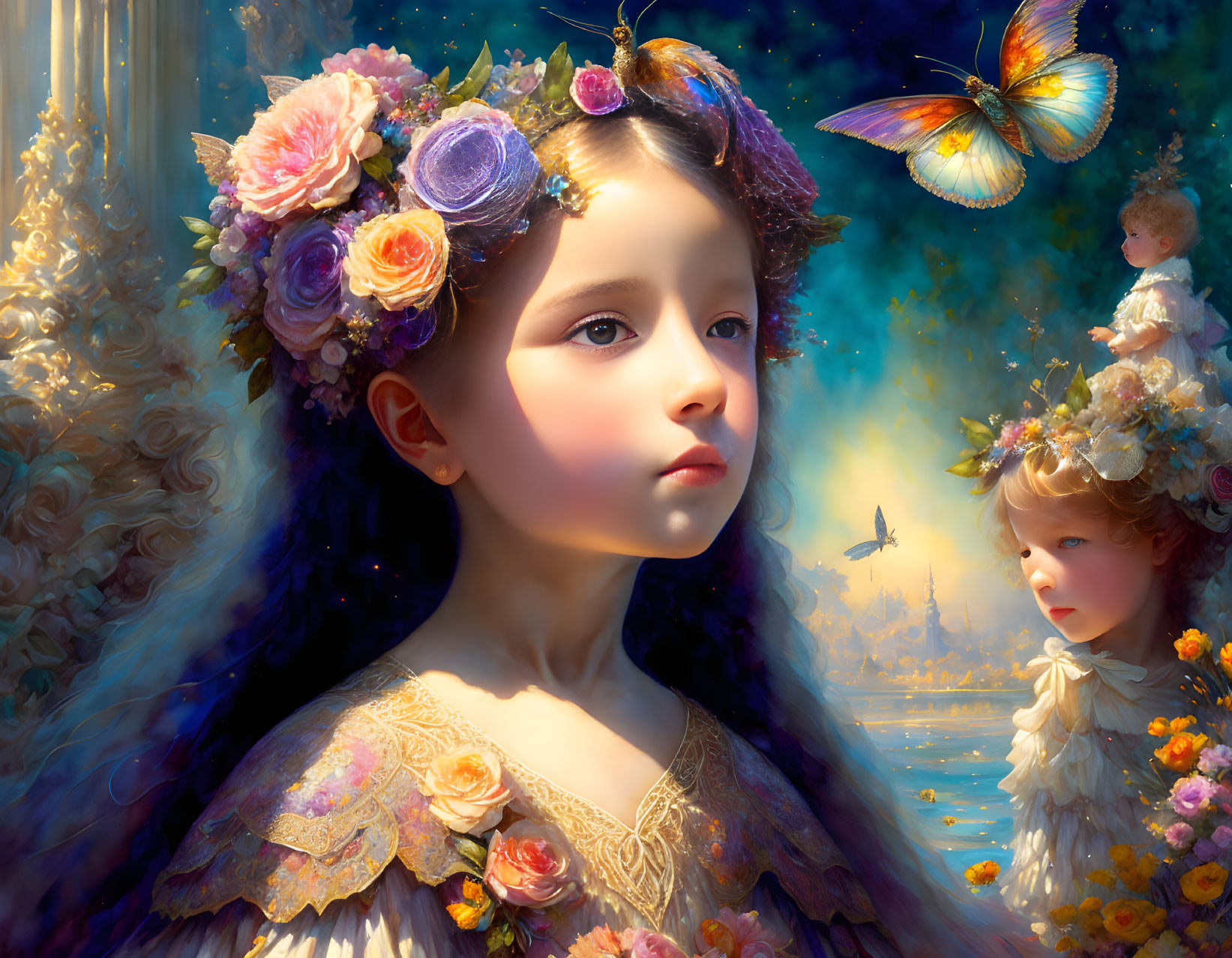 Young girl with floral hair, butterflies, and cherubic figure in glowing scene