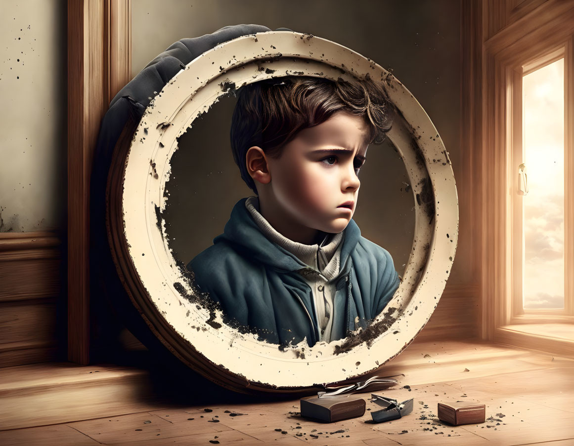 Young boy in broken circular frame in wooden room with scattered pieces and ajar door.