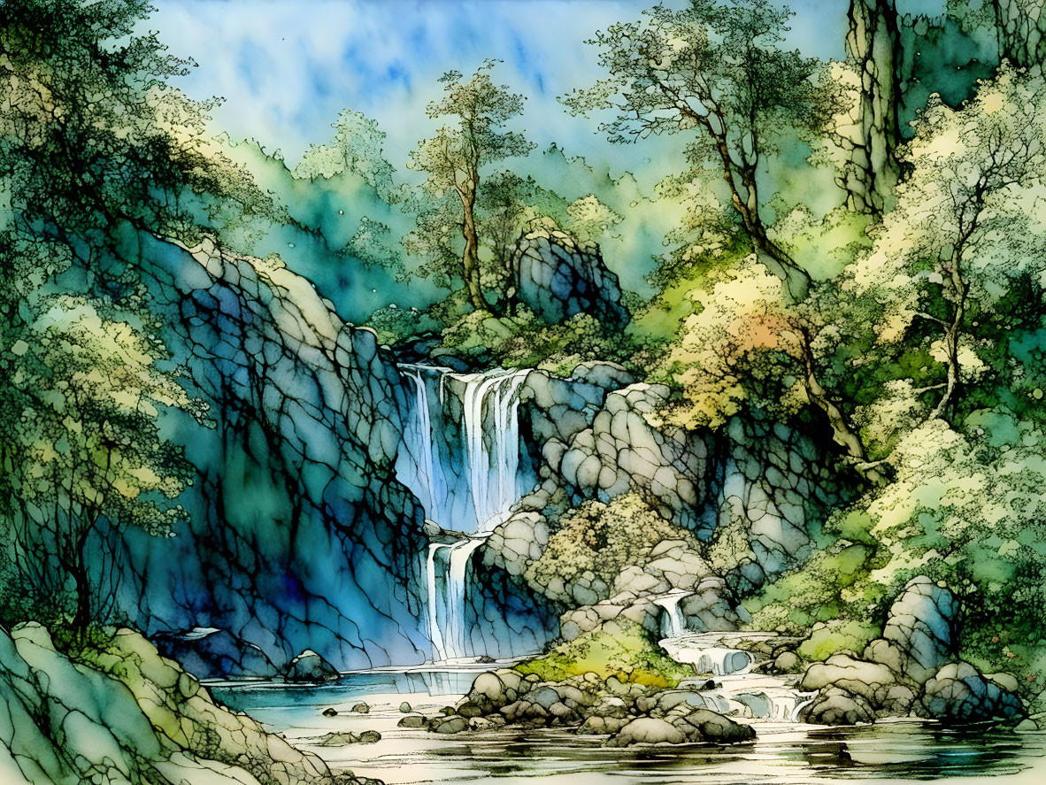 Serene waterfall painting with lush greenery & rocky terrain