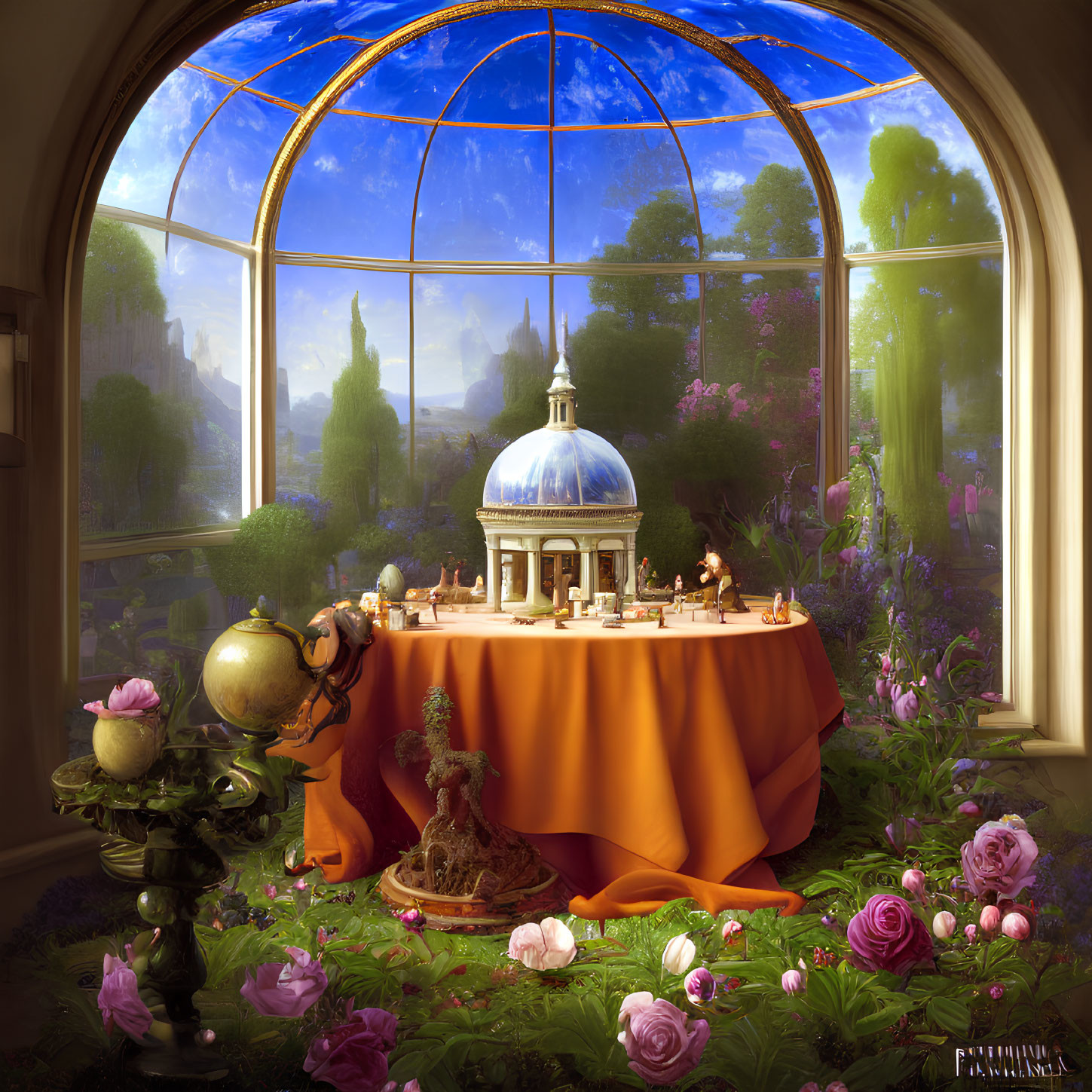 Ornate table setting with globe and roses near arched window overlooking fantasy castle landscape