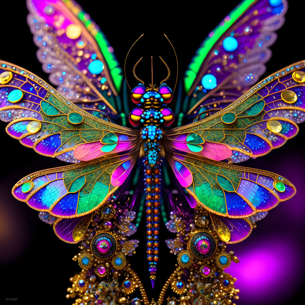 Colorful Fantastical Butterfly with Jewel-like Details on Purple Background