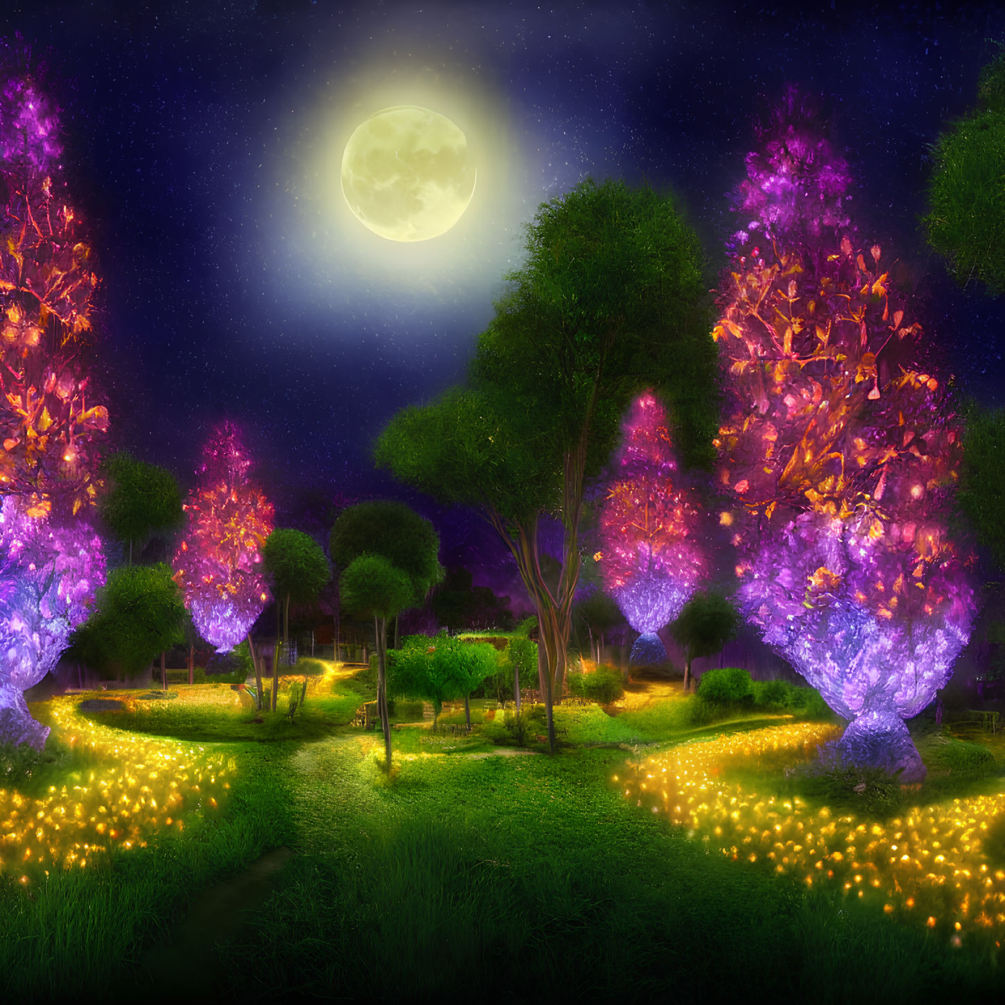 Night Scene with Magical Trees, Fireflies, Full Moon, and Starry Sky