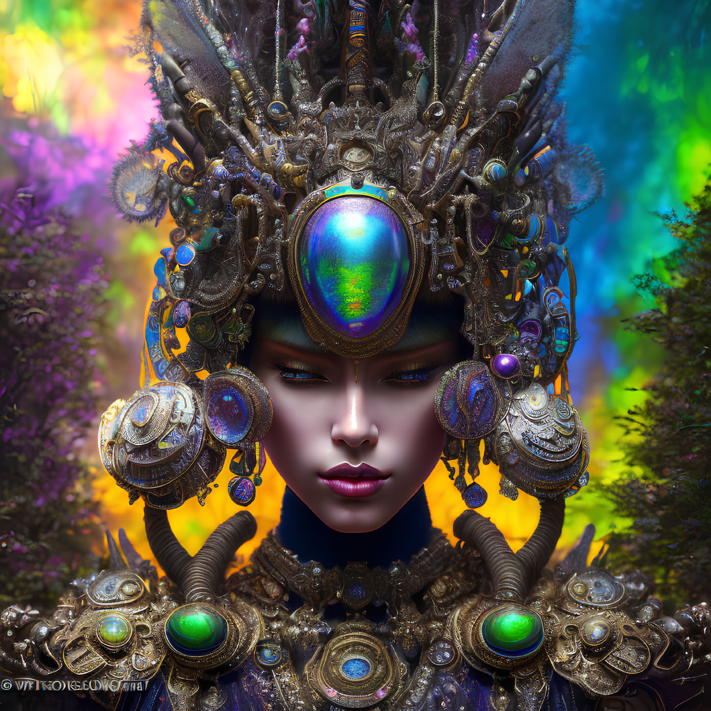 Elaborate digitally-created female figure with ornate headdress and colorful background