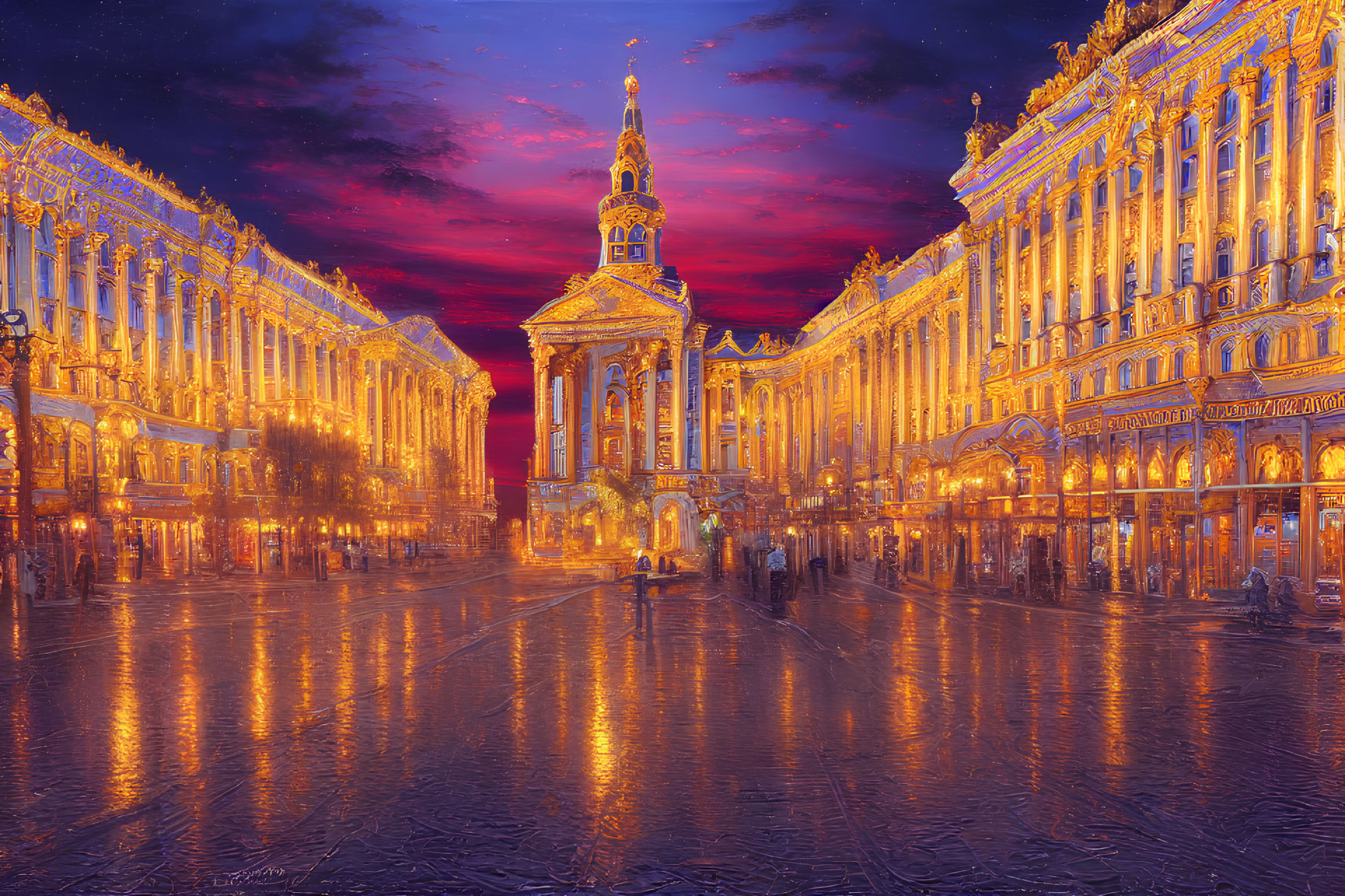 Ornate illuminated street at dusk with glowing buildings under purple and orange sky