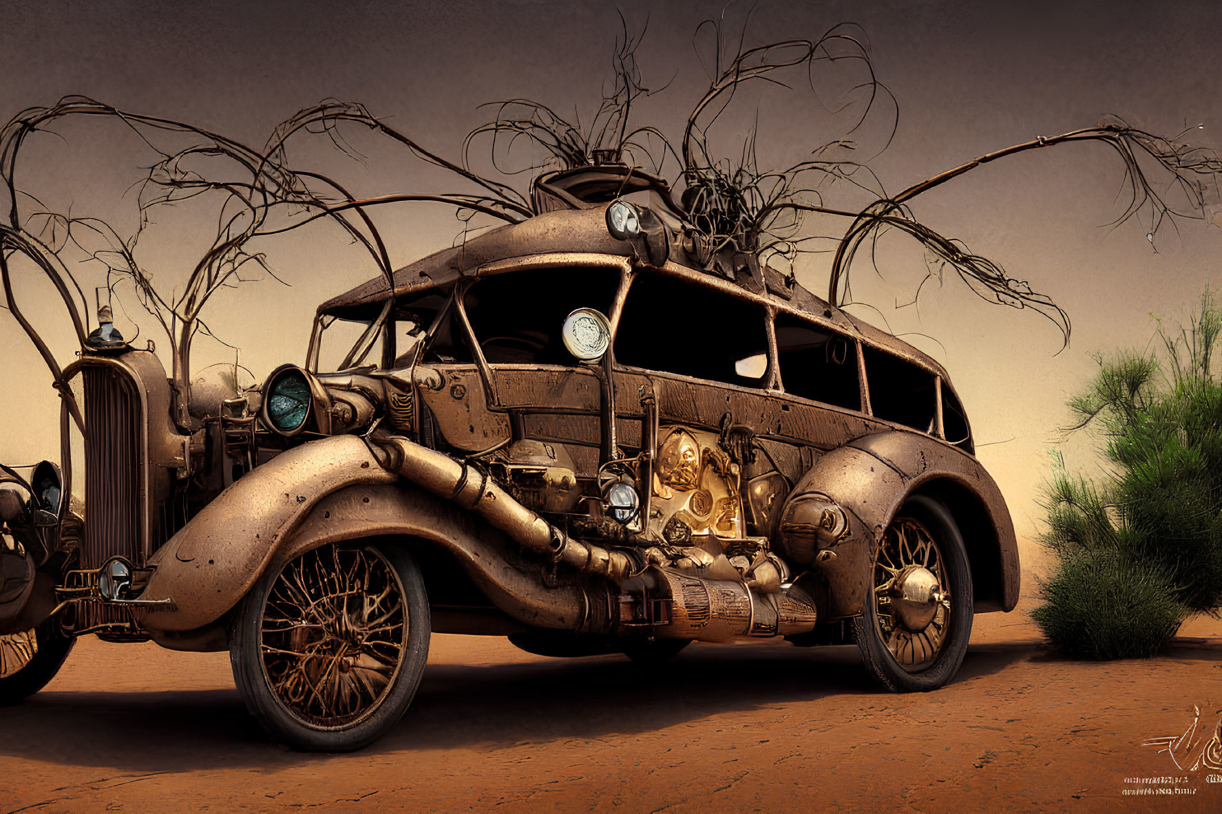 Detailed Steampunk-Style Vehicle in Desert Landscape