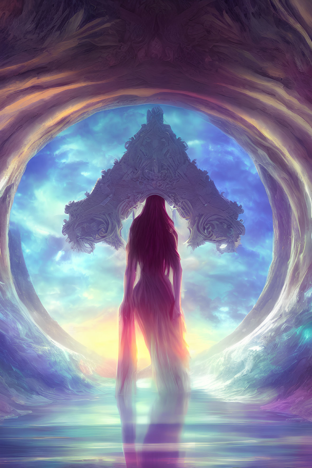 Long-haired individual gazes at mystical archway and vibrant nebula sky.
