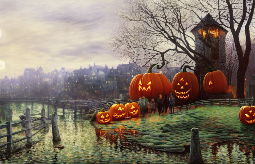 Spooky Halloween image: Carved pumpkins, treehouse, misty backdrop, people in costumes