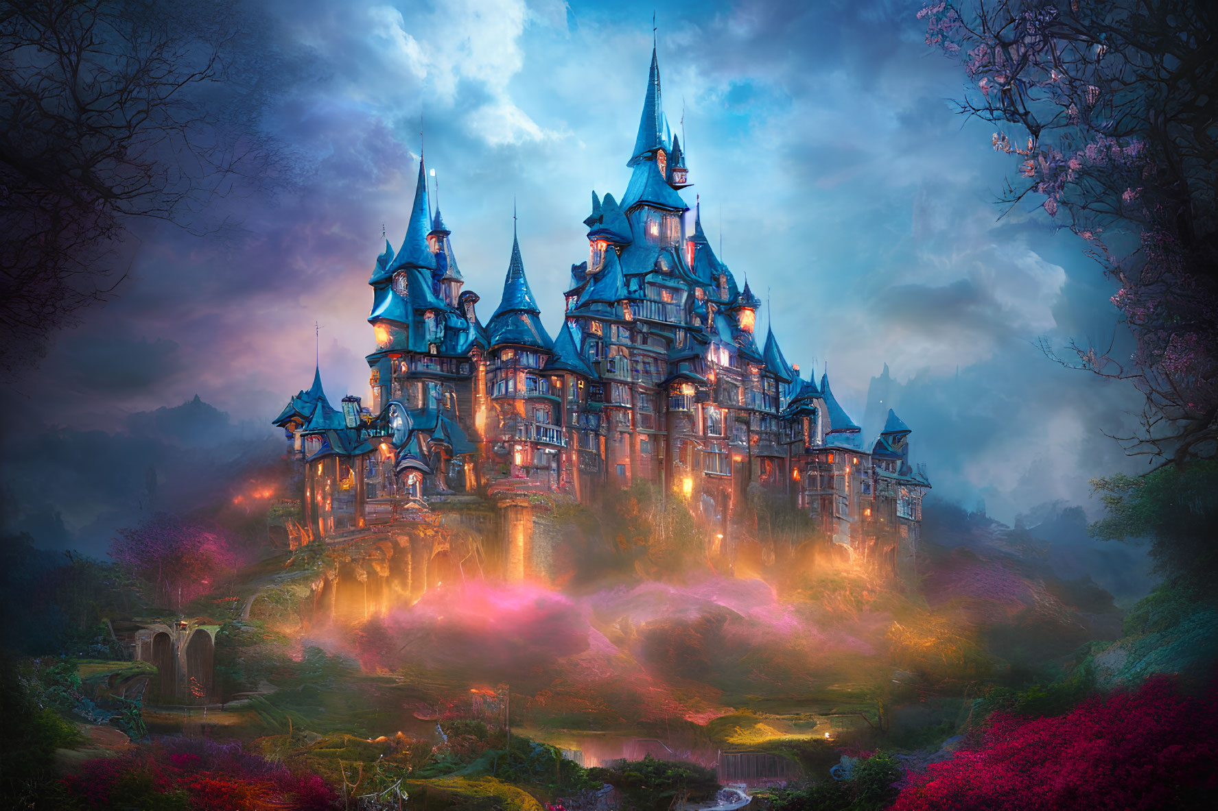 Enchanted castle in mystical twilight landscape