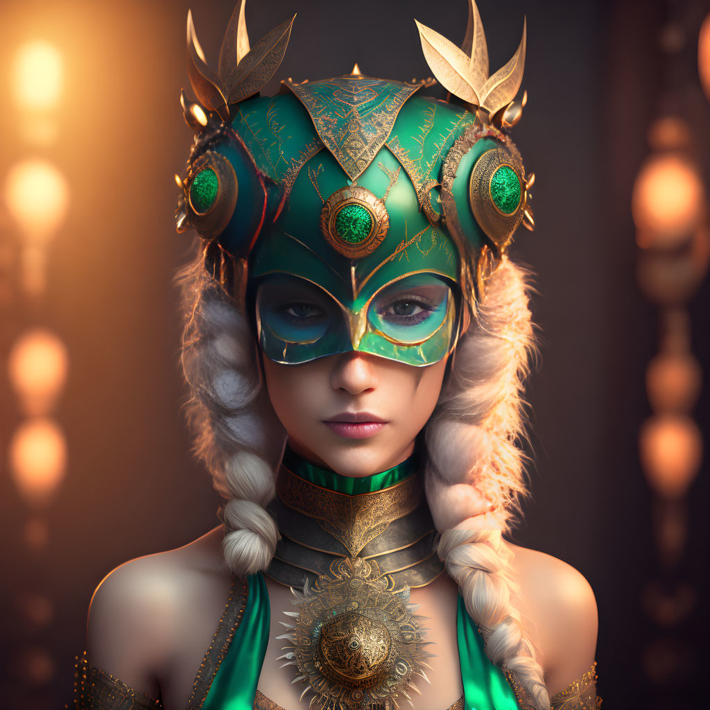 Woman in ornate green and gold mask and headdress with regal collar on bokeh light background