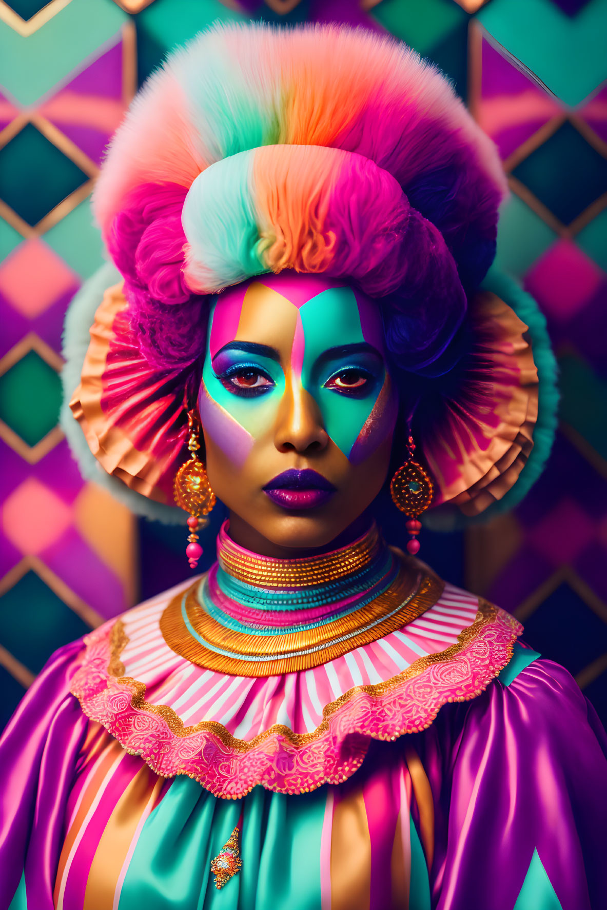 Colorful Character with Vibrant Makeup and Elaborate Costume on Geometric Background