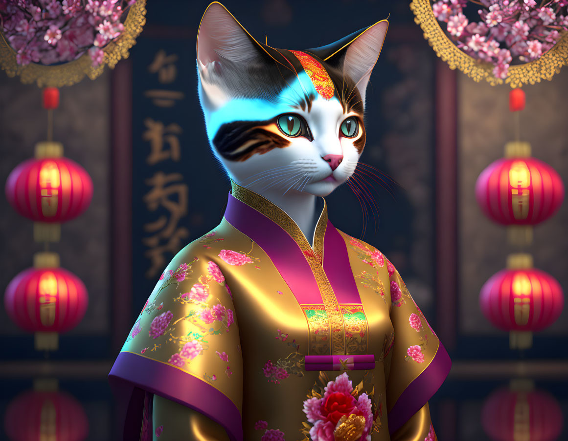 Anthropomorphized cat in Asian attire among lanterns & cherry blossoms