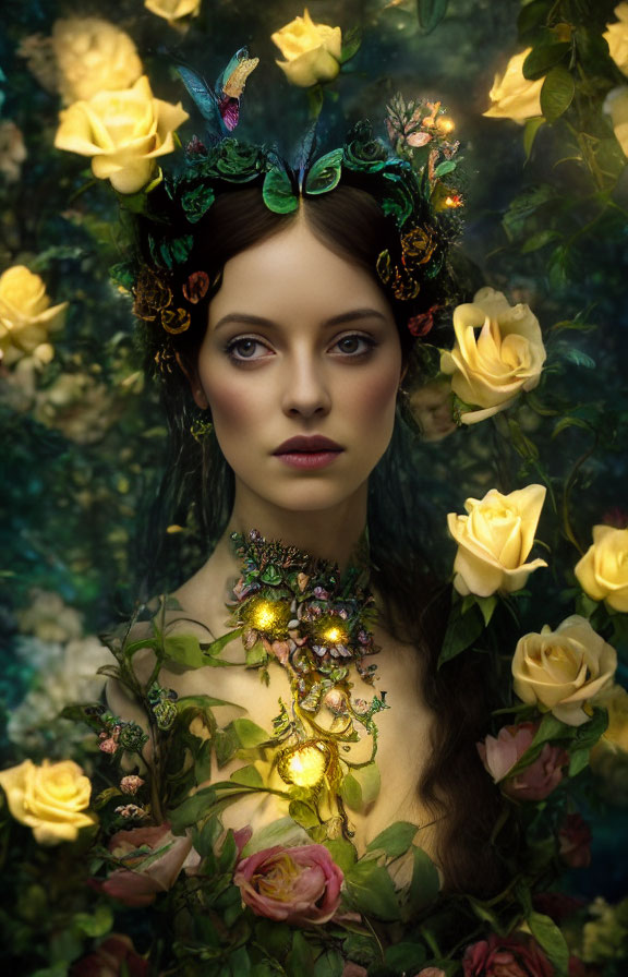 Woman with floral crown and butterfly in fairy-like setting surrounded by roses