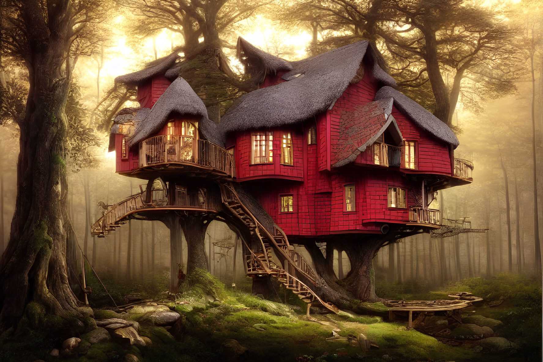 Whimsical red treehouse with thatched roofs and wooden staircases in golden-lit forest