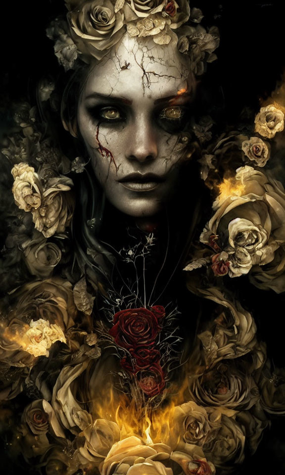 Gothic fantasy portrait with cracked pale makeup and golden roses