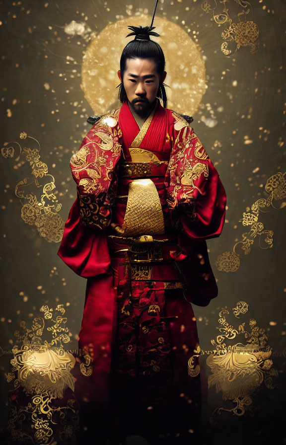 Traditional Asian Man in Rich Red and Gold Royal Attire Against Ornate Golden Background