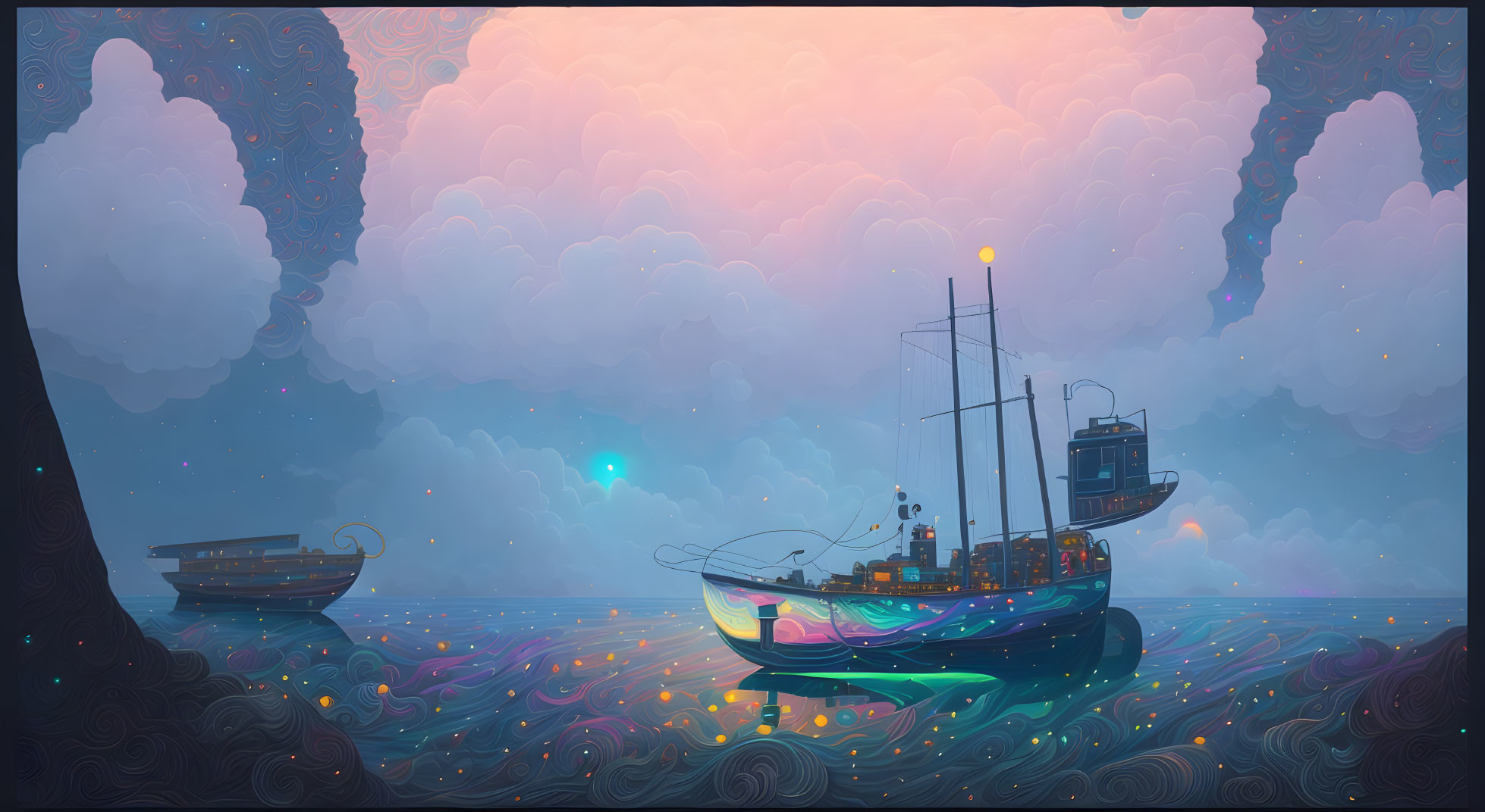 Vibrant boats on iridescent ocean under purple sky