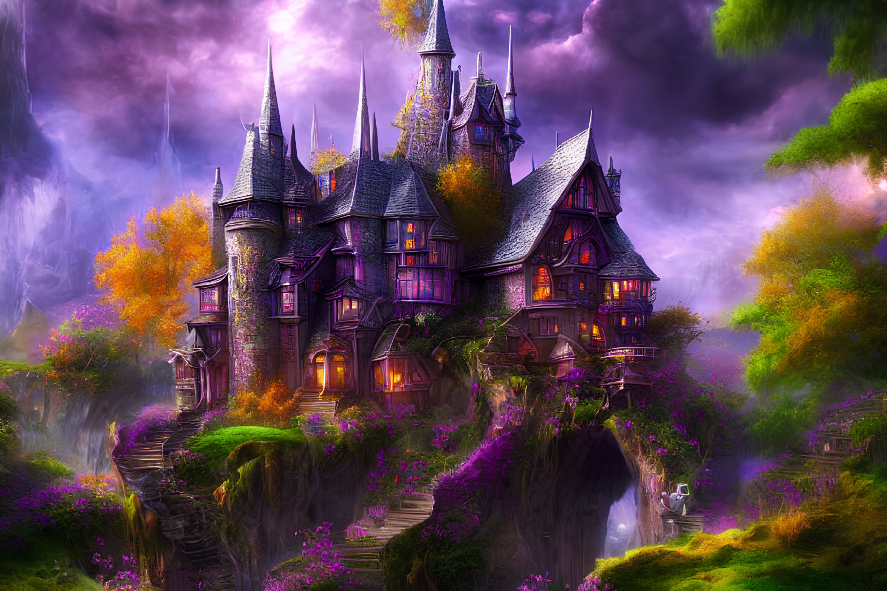 Fantasy castle with spires on cliff in lush purple flora landscape