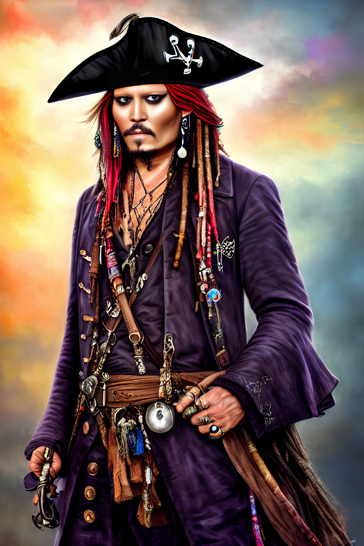 Pirate costume with hat, beads, trinkets on colorful cloudy backdrop