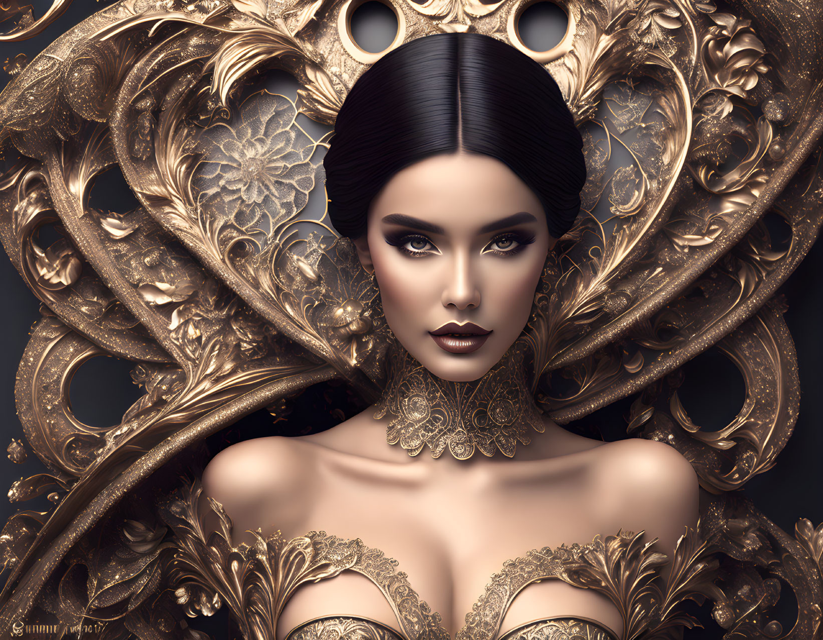 Digital artwork: Woman with sleek hair and ornate golden filigree, intricate patterns and choker