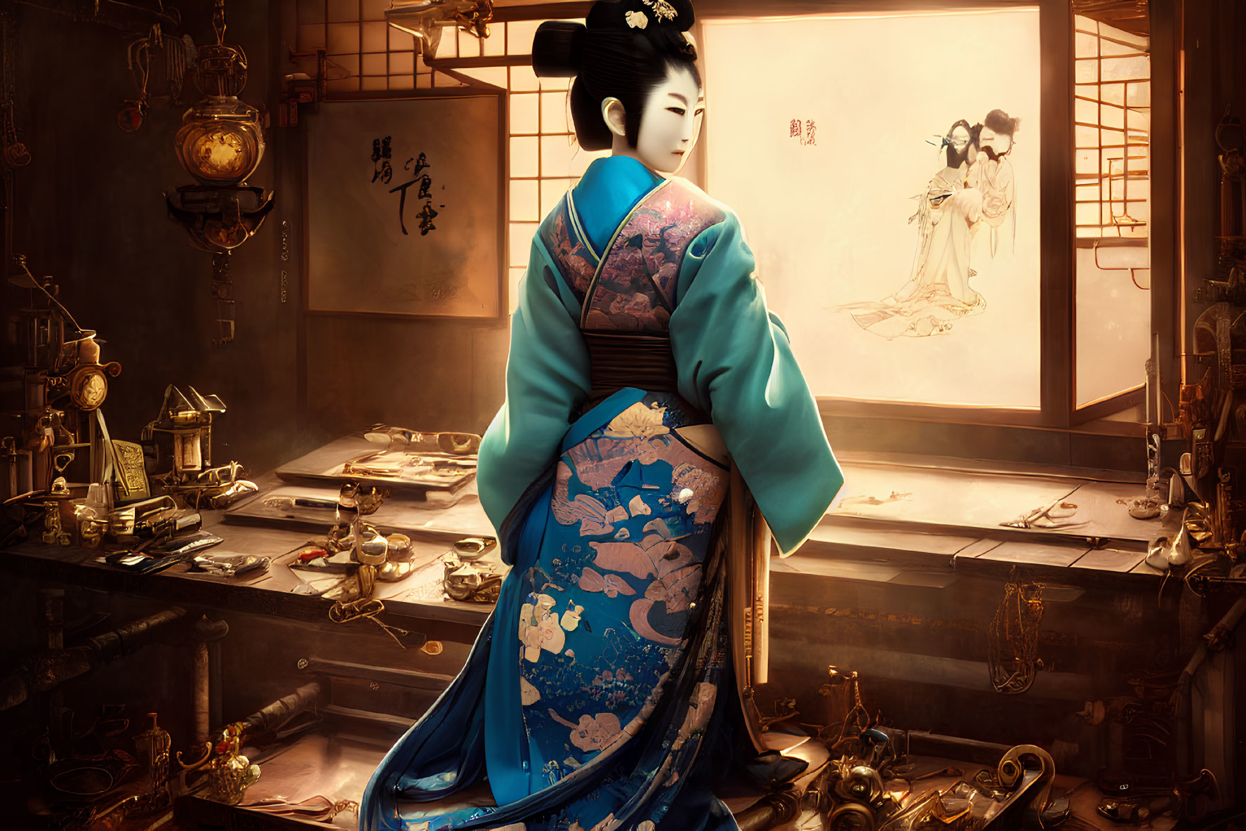 Traditional Japanese Kimono in Intricate Workshop Setting