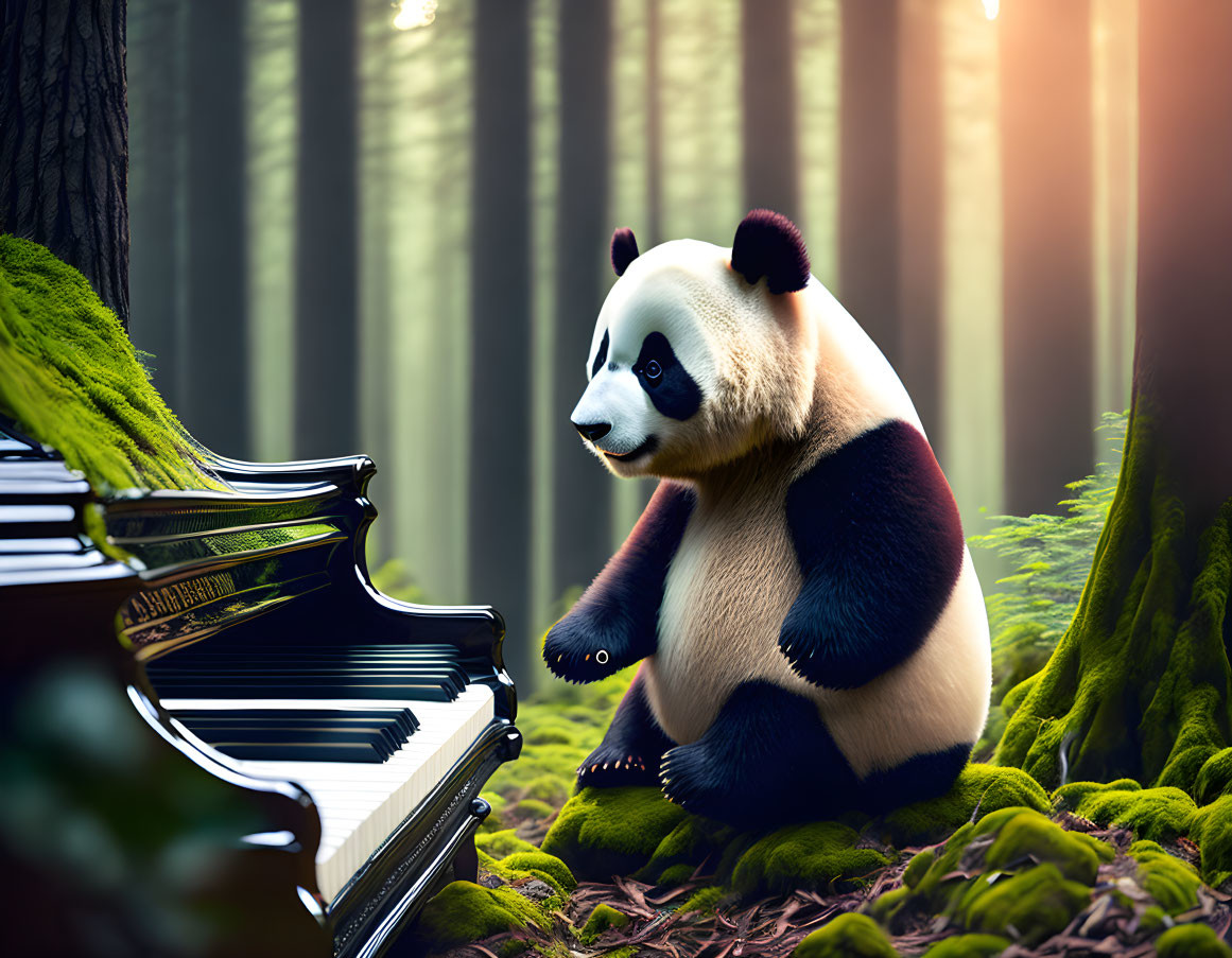 Panda by grand piano in sunlit forest with trees and mossy ground