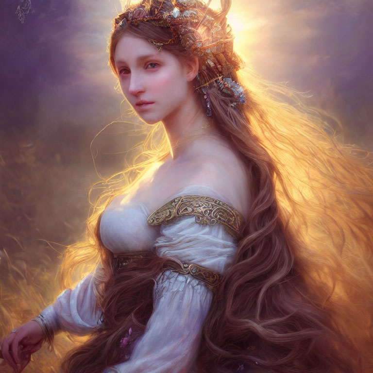 Portrait of woman with flowing hair in embroidered dress against sunset backdrop