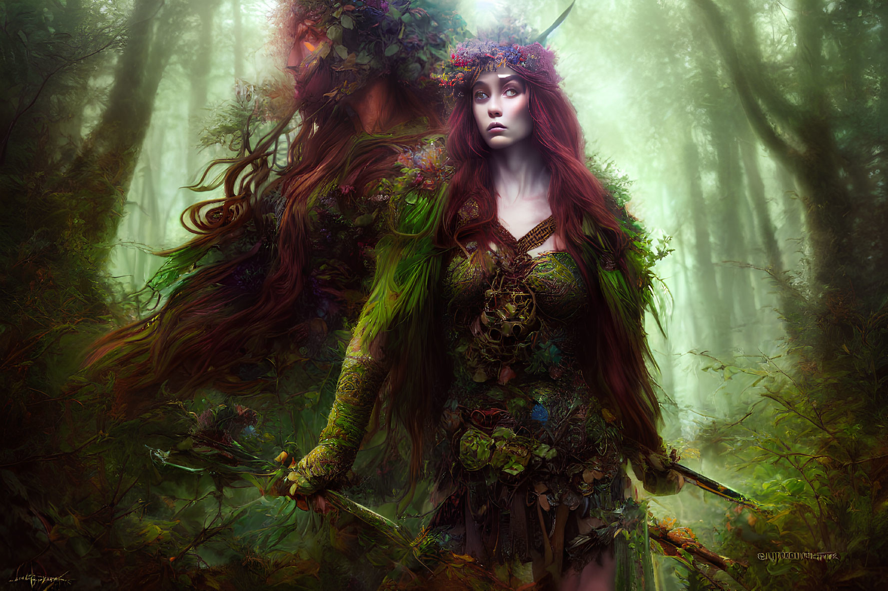 Red-haired female figure in leafy crown wields sword in foggy forest