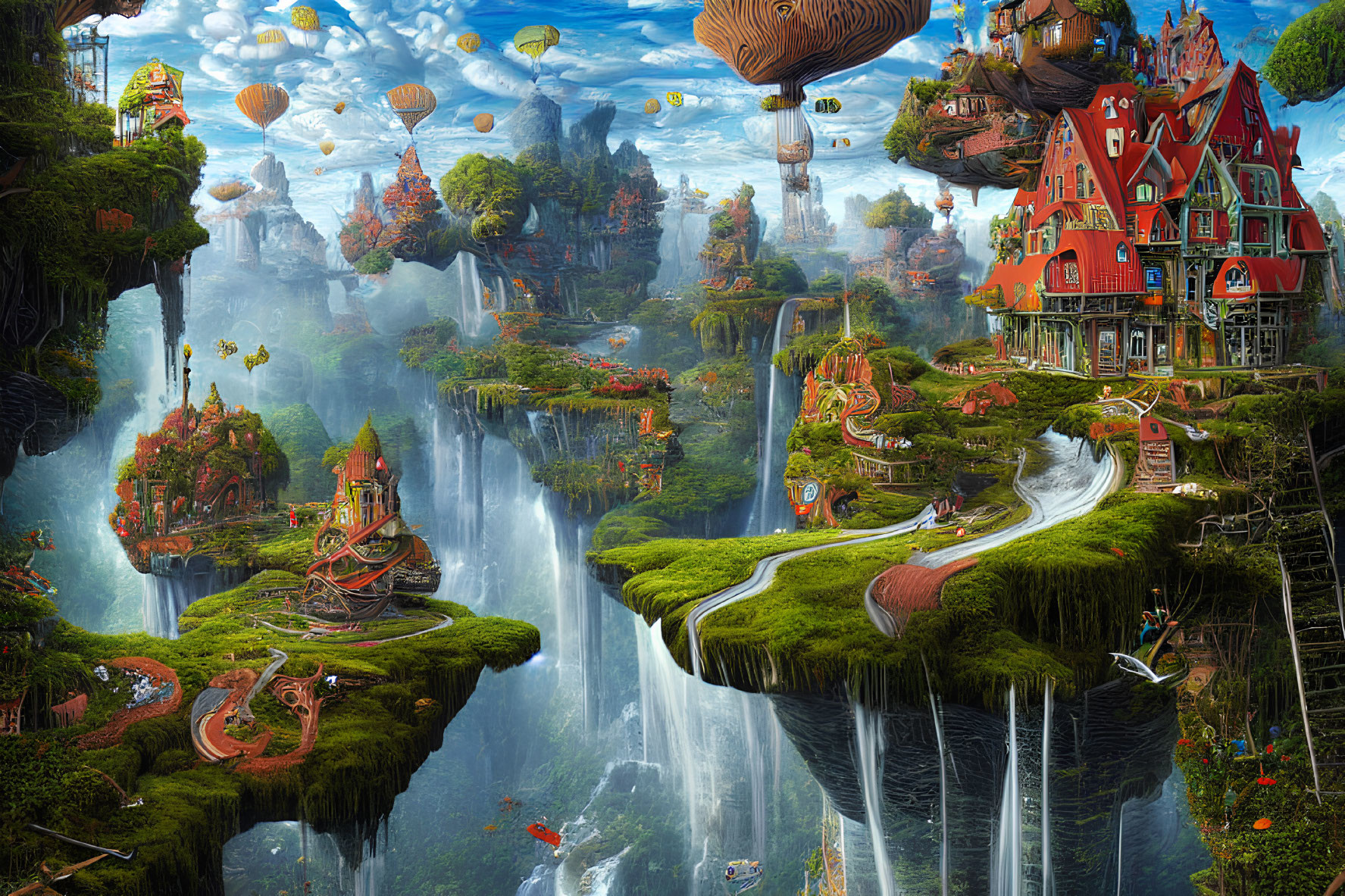 Fantasy landscape with floating islands and waterfalls