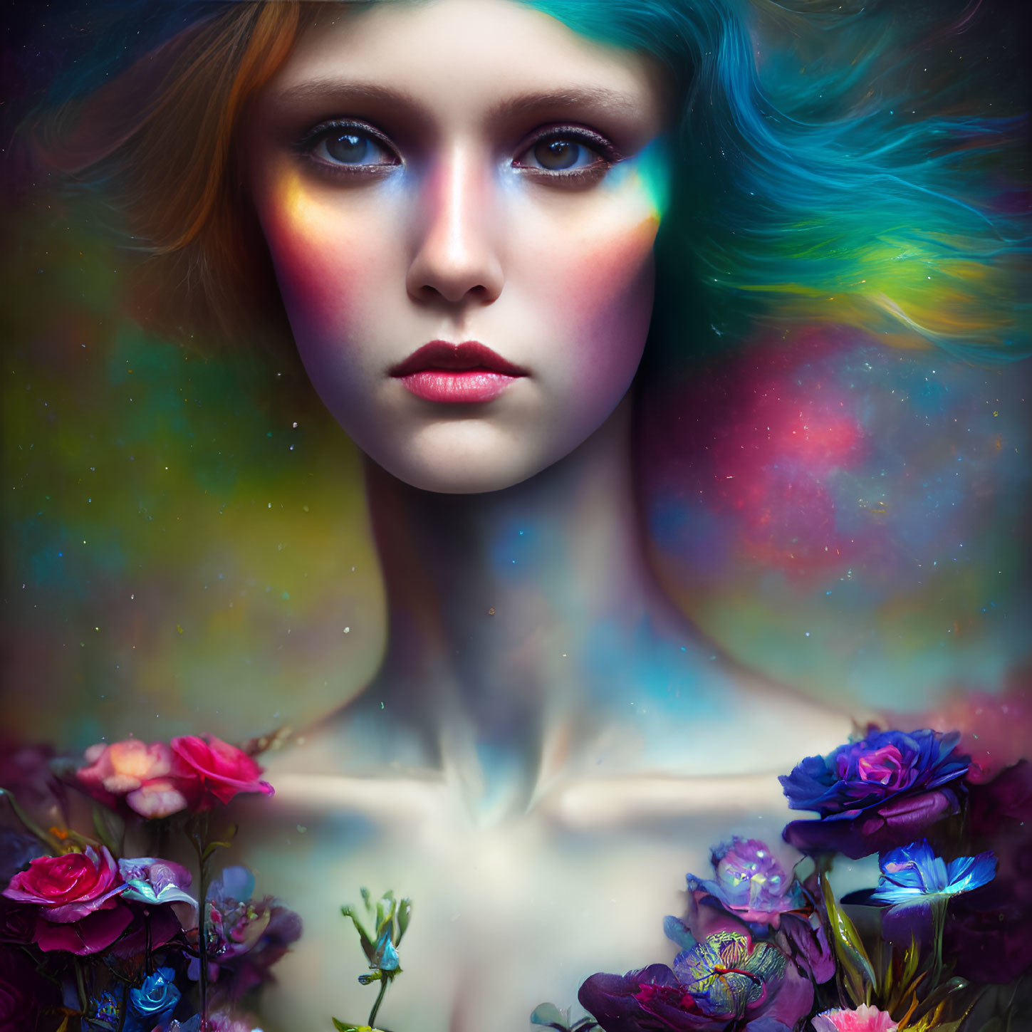 Colorful portrait of woman with cosmic makeup and multicolored hair among vibrant flowers and galaxy background