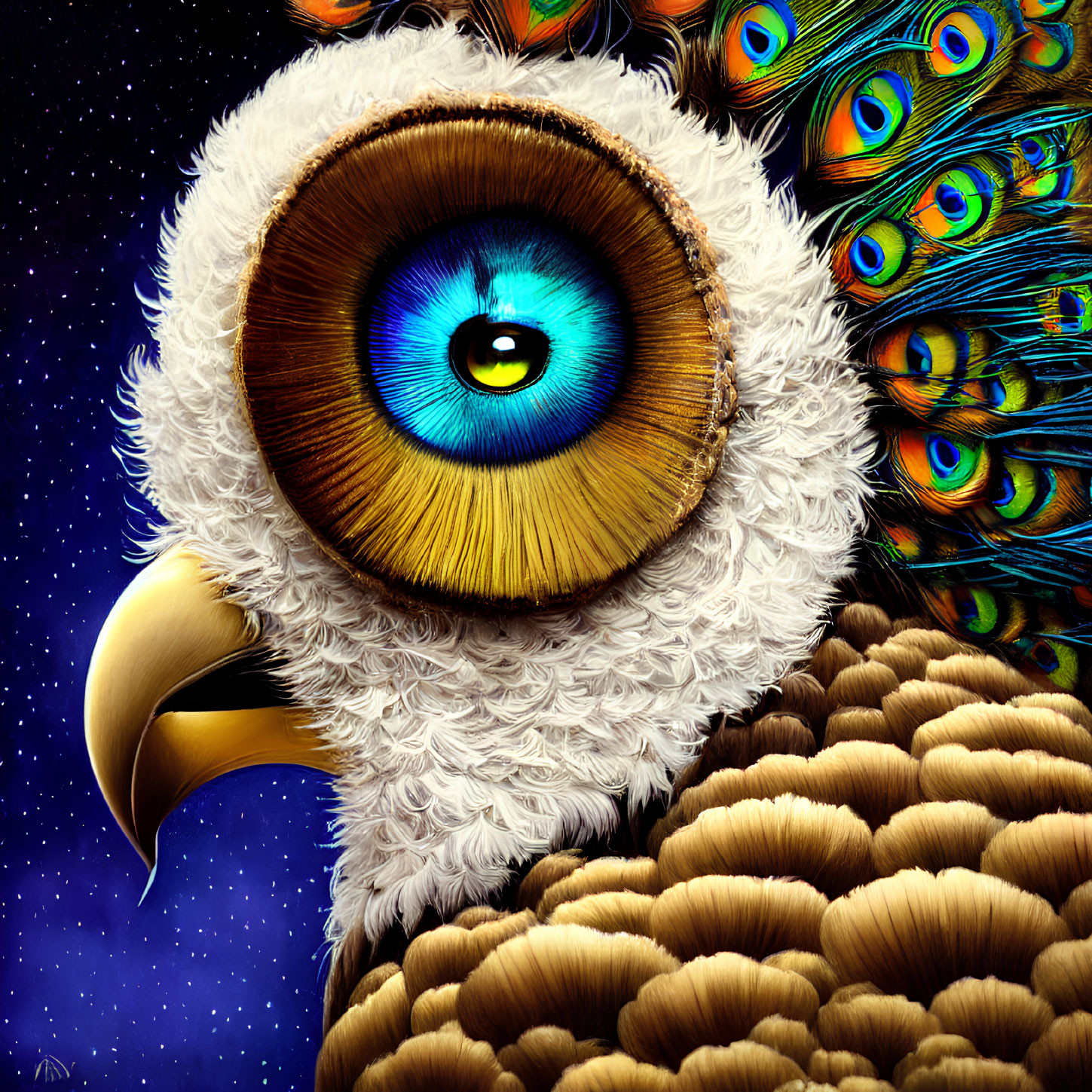 Surreal artwork featuring creature with eagle's beak and intricate eye