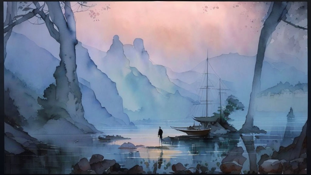 Tranquil watercolor scene: lake, boat, person, misty mountains, pastel dawn