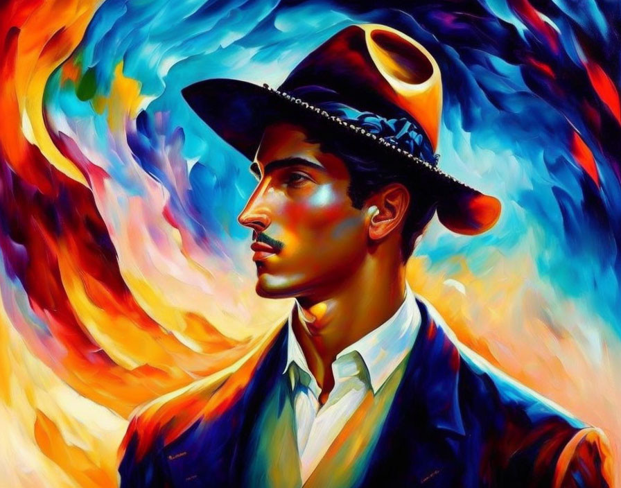 Vibrant profile portrait with cowboy hat on swirling backdrop