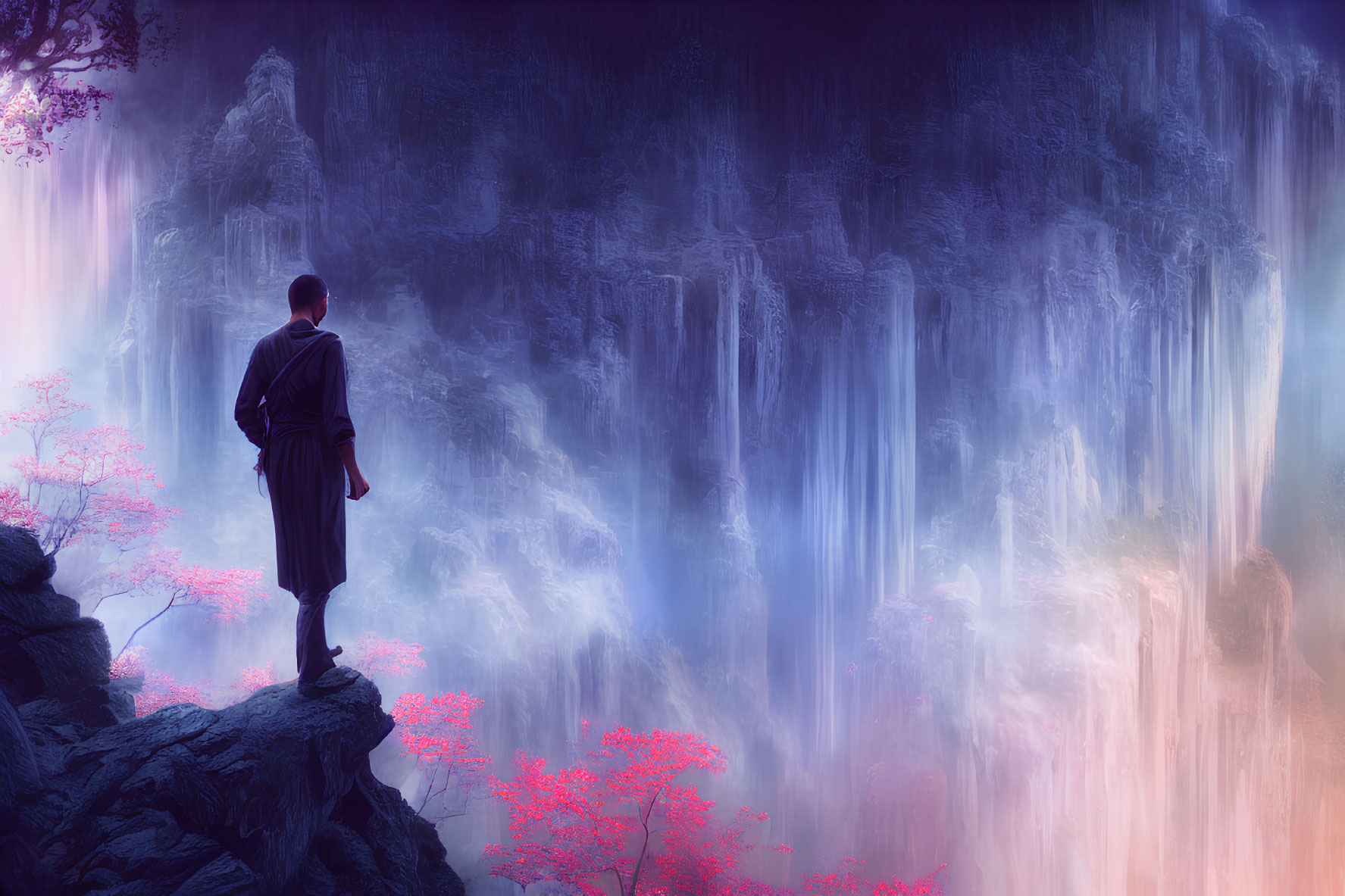 Person standing on cliff overlooking vast waterfall with pink trees under purple sky